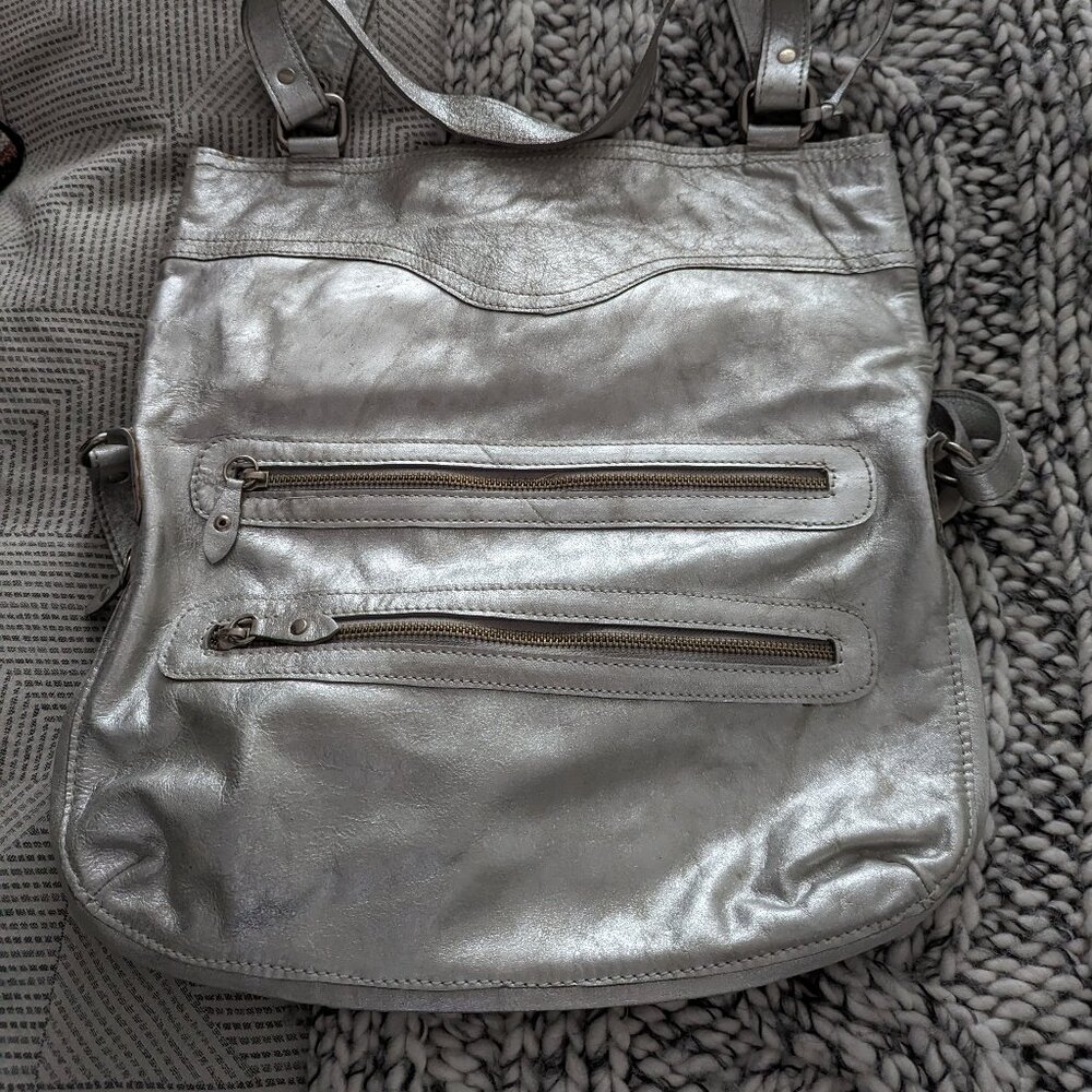 New Brazilian distressed metallic silver genuine leather handbag/backpack